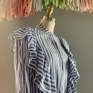 H&M blue and white stripe blouse with ruffles